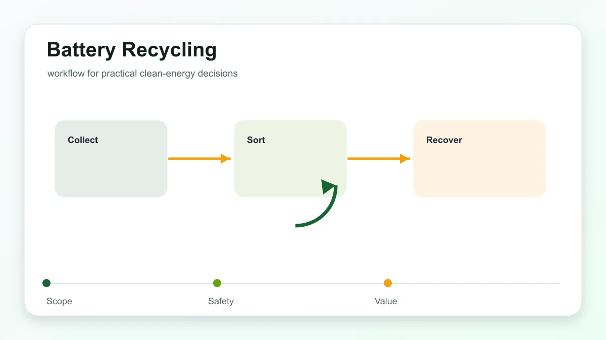 Battery recycling workflow from collection and safety sorting to material recovery