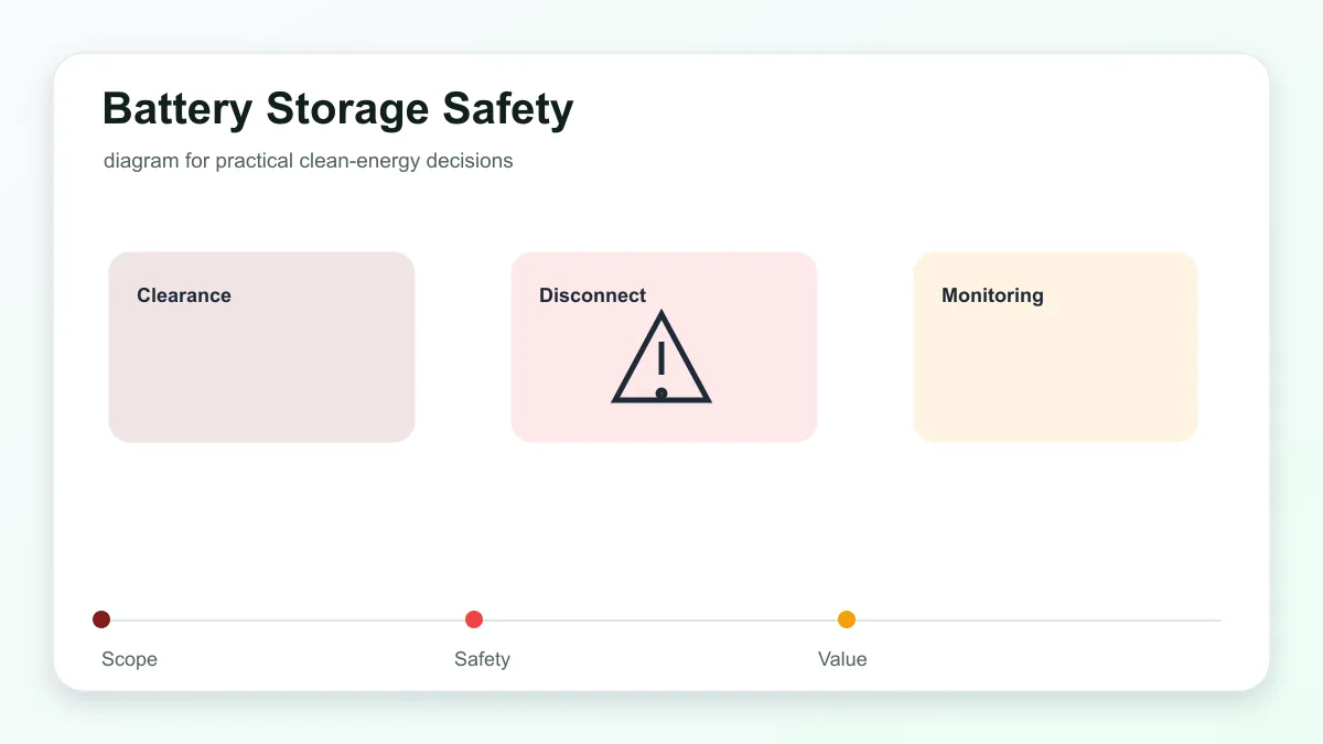 Home battery safety layout showing clearance, disconnect, fire code, and monitoring controls