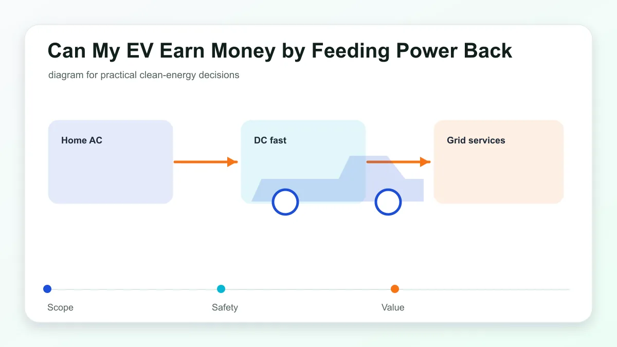 Can My EV Earn Money by Feeding Power Back technical illustration showing electric vehicle charging, connector, grid, and home energy links