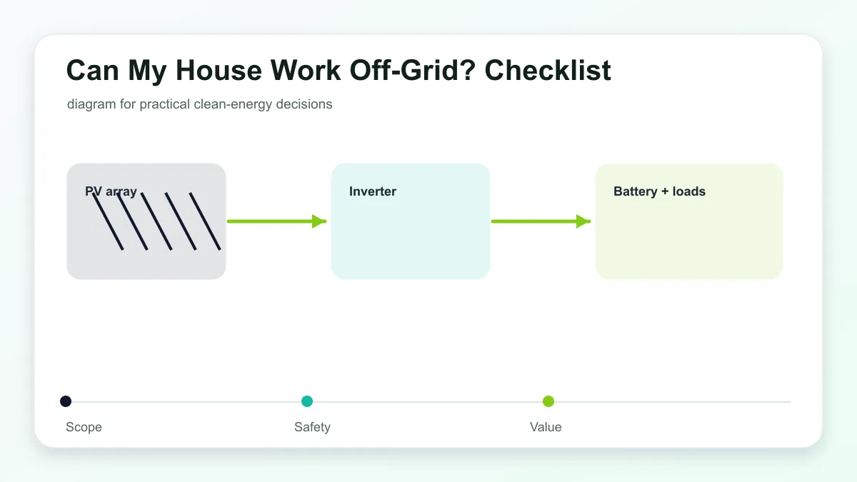 Can My House Work Off-Grid? Checklist technical illustration showing smart grid devices, distributed energy resources, and utility controls