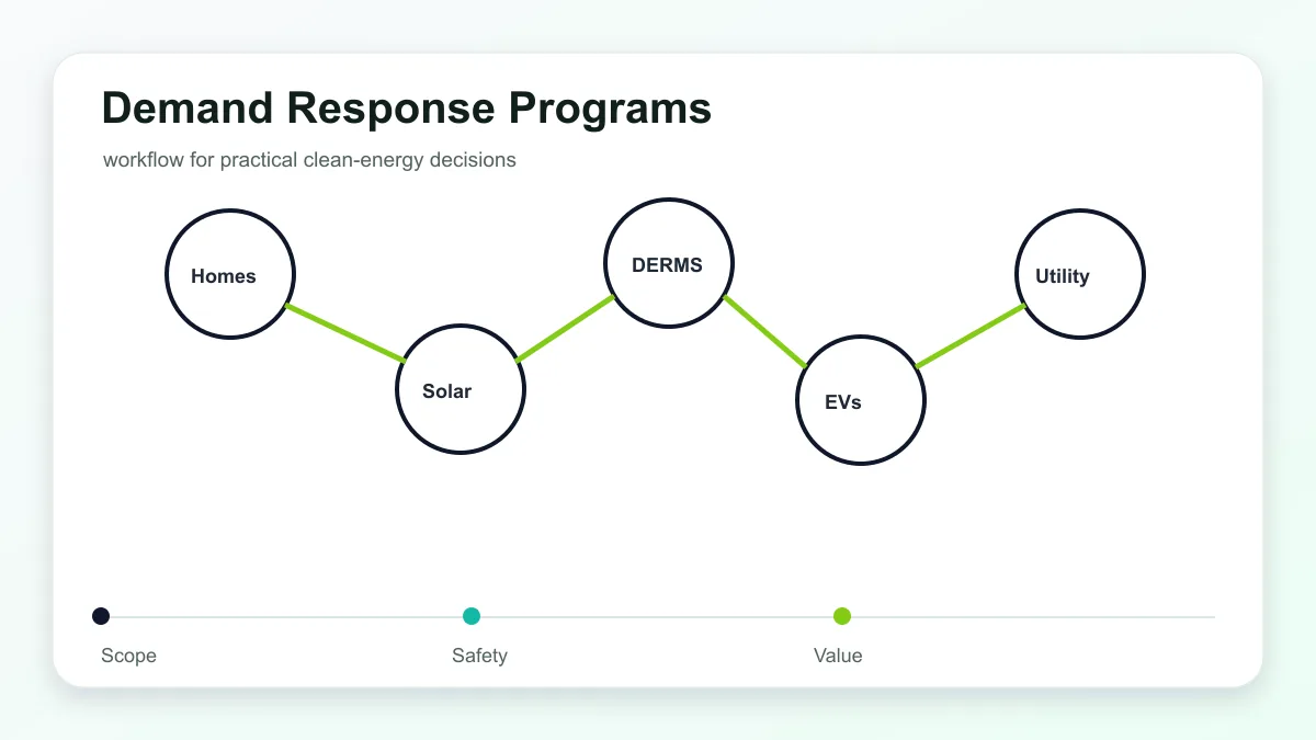Demand Response Programs technical illustration showing smart grid devices, distributed energy resources, and utility controls