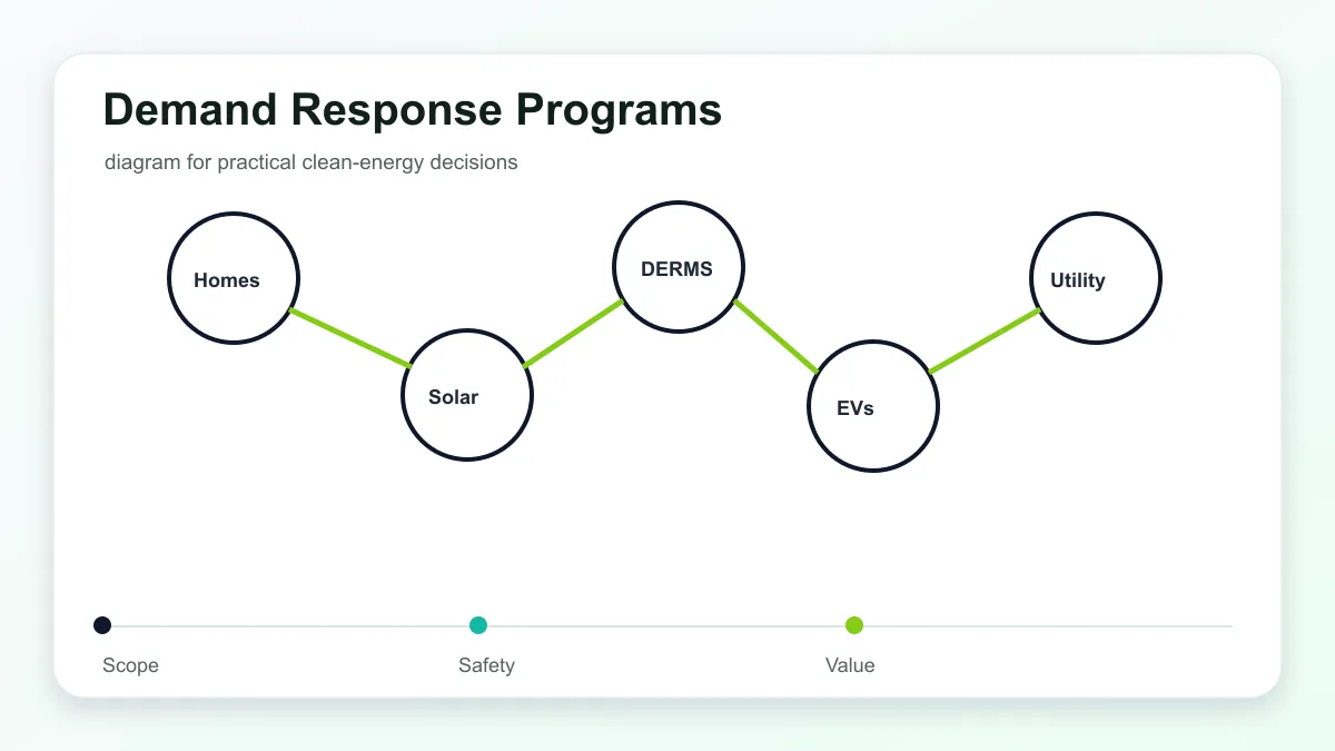 Demand Response Programs technical illustration showing smart grid devices, distributed energy resources, and utility controls