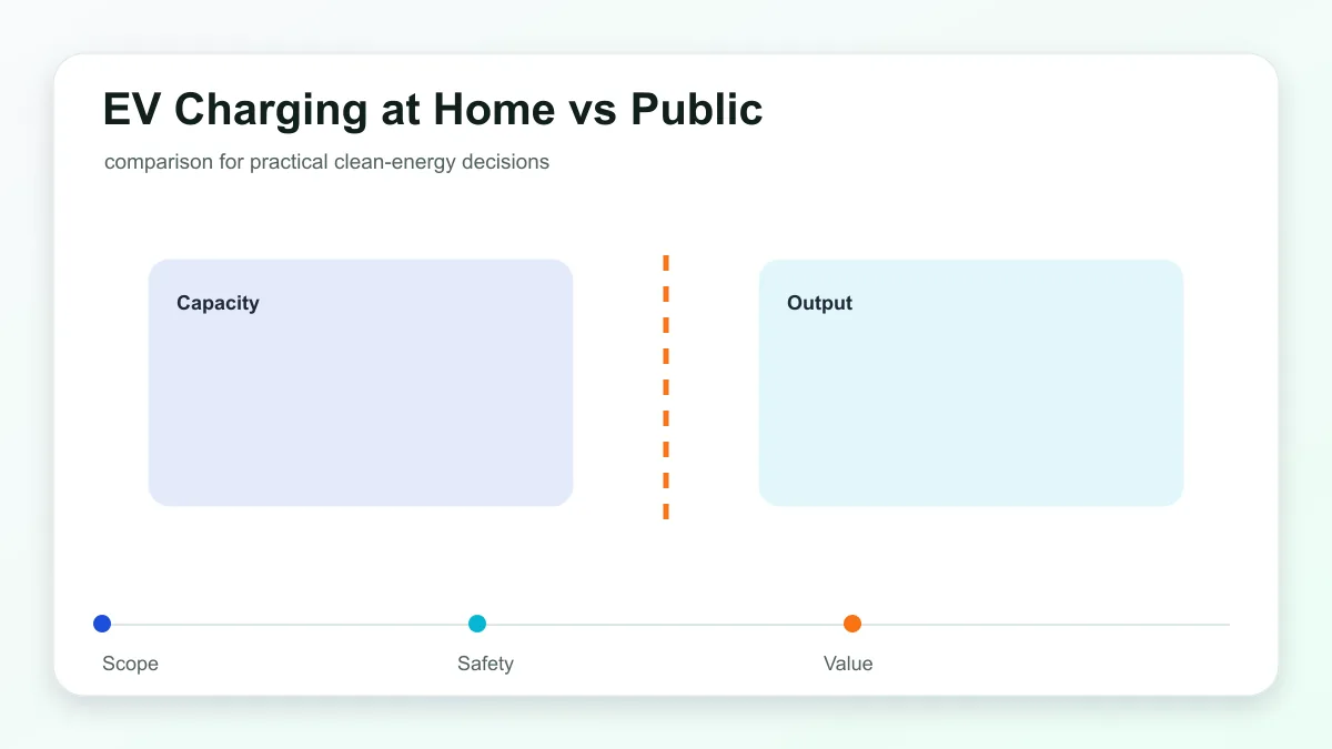 EV Charging at Home vs Public technical illustration showing electric vehicle charging, connector, grid, and home energy links