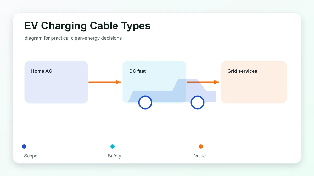 EV Charging Cable Types technical illustration showing electric vehicle charging, connector, grid, and home energy links