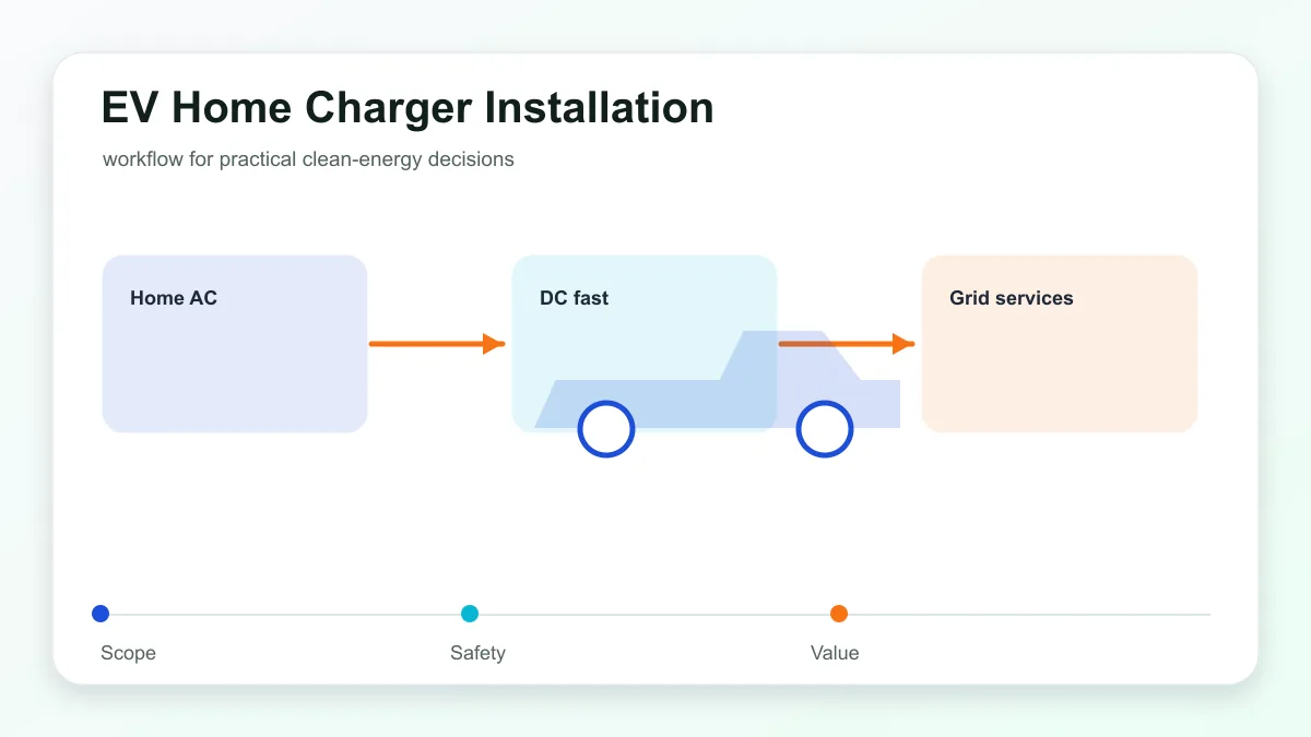 EV Home Charger Installation technical illustration showing electric vehicle charging, connector, grid, and home energy links