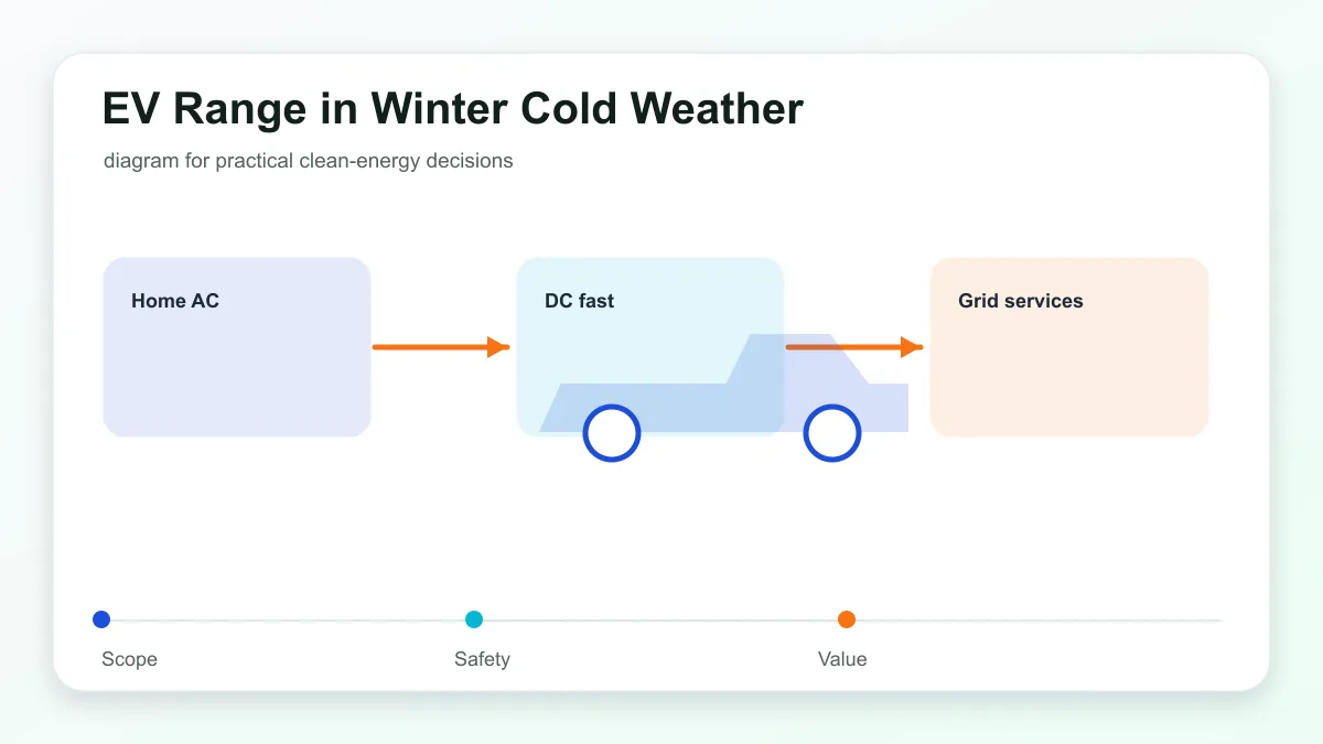 EV Range in Winter Cold Weather technical illustration showing electric vehicle charging, connector, grid, and home energy links