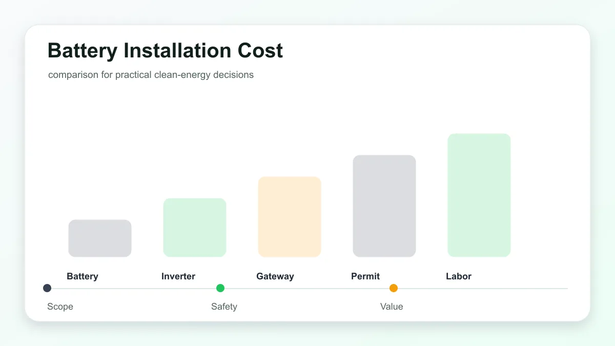 Home battery installation cost components including battery, inverter, gateway, permits, and labor
