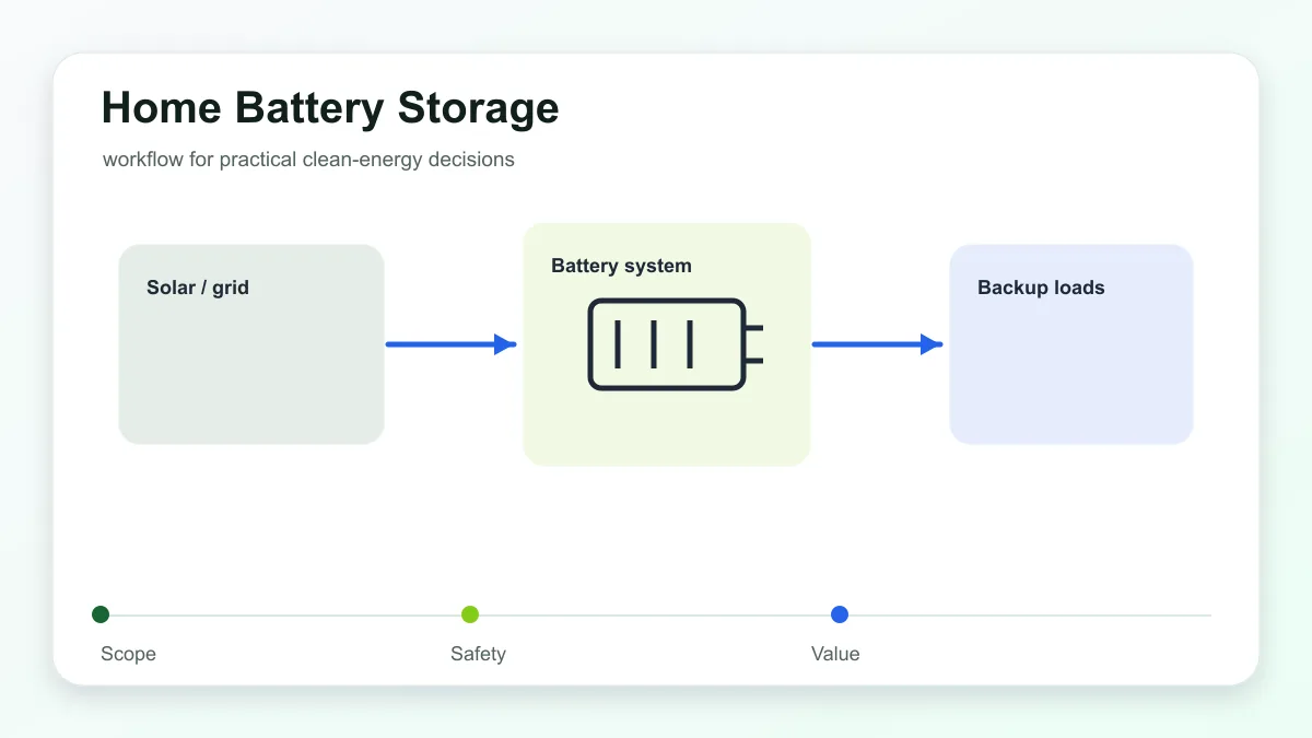 Home battery system showing solar input, backup loads, and time-of-use energy flow