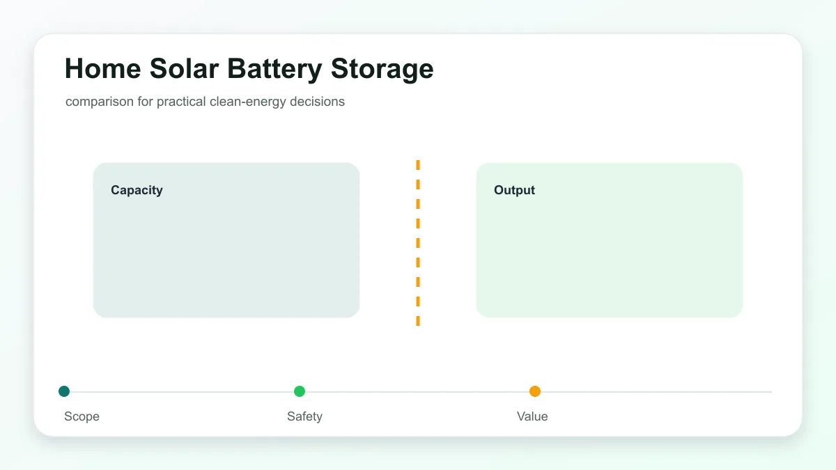 Home Solar Battery Storage technical illustration showing solar panels, inverter, home loads, and planning checks