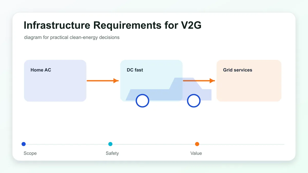 Infrastructure Requirements for V2G technical illustration showing electric vehicle charging, connector, grid, and home energy links
