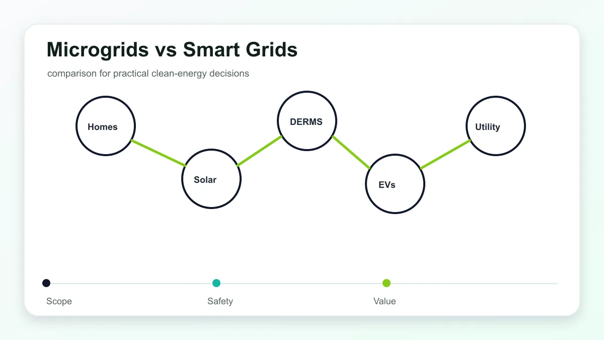 Microgrids vs Smart Grids technical illustration showing smart grid devices, distributed energy resources, and utility controls