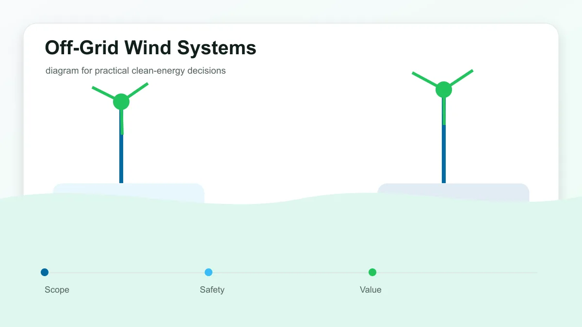 Off-Grid Wind Systems technical illustration showing wind turbine output, site conditions, maintenance, and grid connection