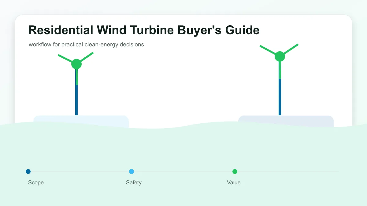 Residential Wind Turbine Buyer's Guide technical illustration showing wind turbine output, site conditions, maintenance, and grid connection