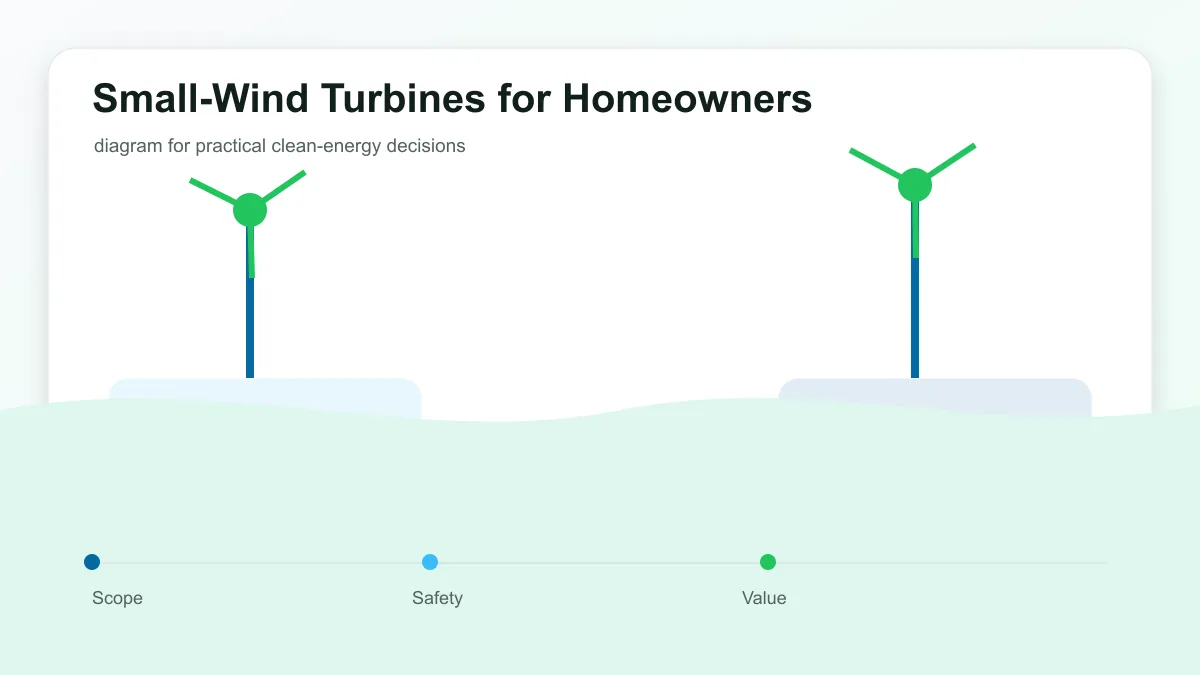 Small-Wind Turbines for Homeowners technical illustration showing wind turbine output, site conditions, maintenance, and grid connection