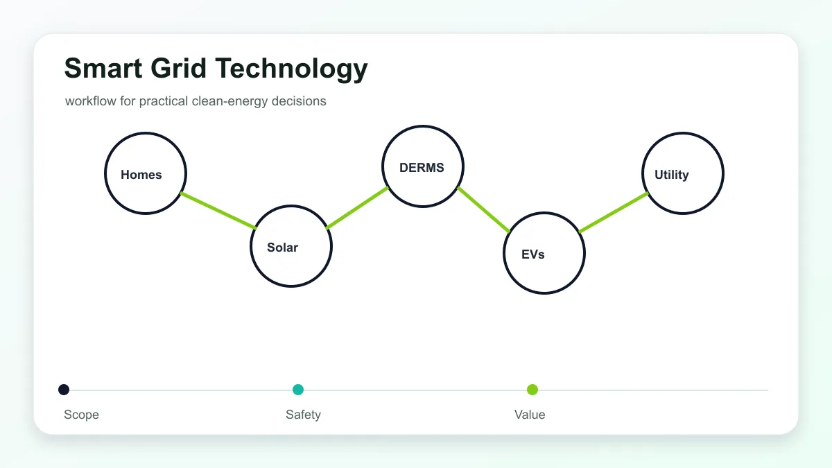 Smart Grid Technology technical illustration showing smart grid devices, distributed energy resources, and utility controls