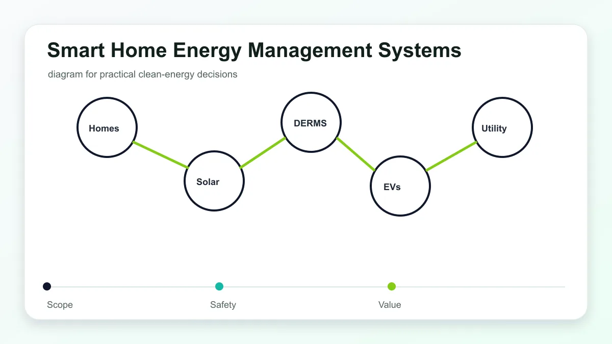 Smart Home Energy Management Systems technical illustration showing smart grid devices, distributed energy resources, and utility controls
