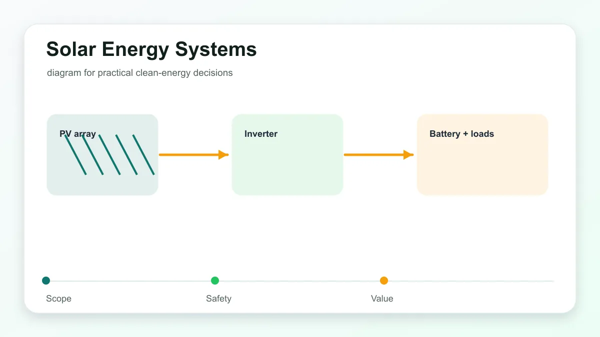 Rooftop solar panels connected to an inverter, battery, and home energy loads