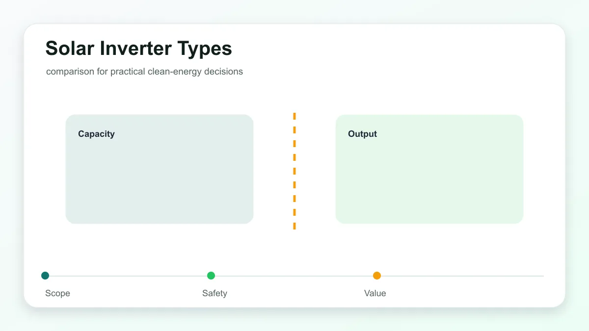 Solar Inverter Types technical illustration showing solar panels, inverter, home loads, and planning checks
