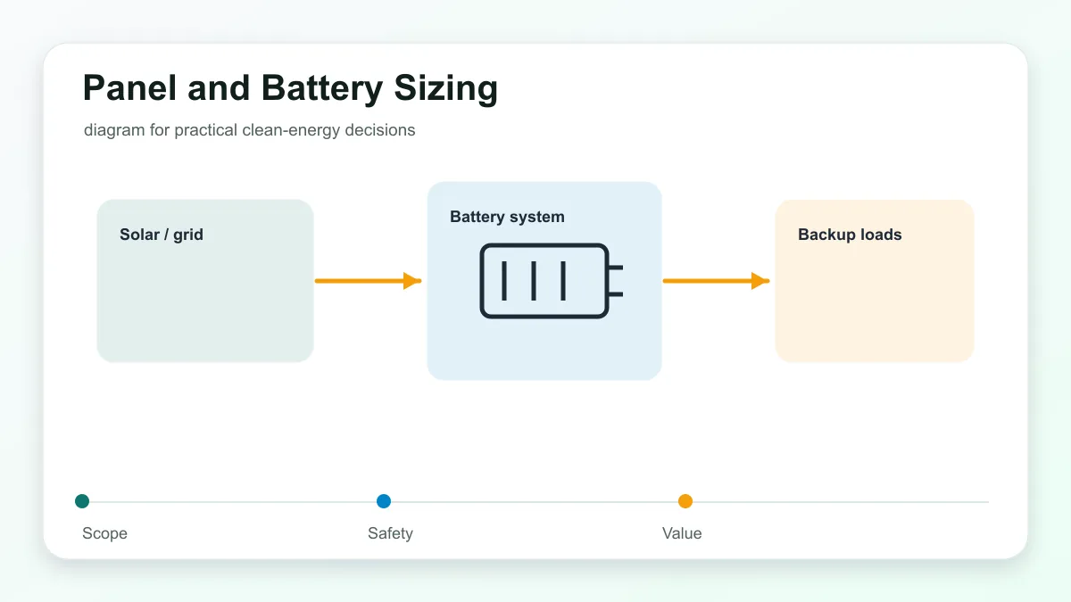 Solar LED light panel and battery sizing diagram with watts, Wh, peak sun hours, and cloudy night reserve