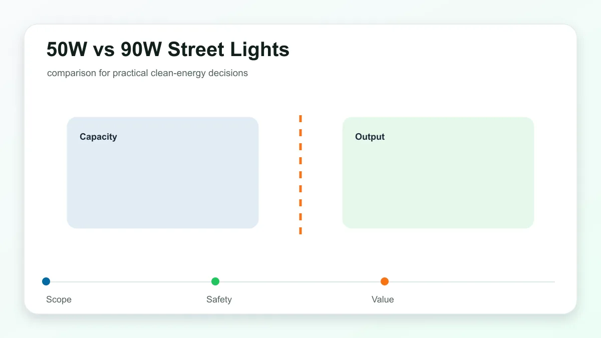 Solar LED street light 50W and 90W sizing comparison with pole height, spacing, lumens, panel watts, and battery Wh