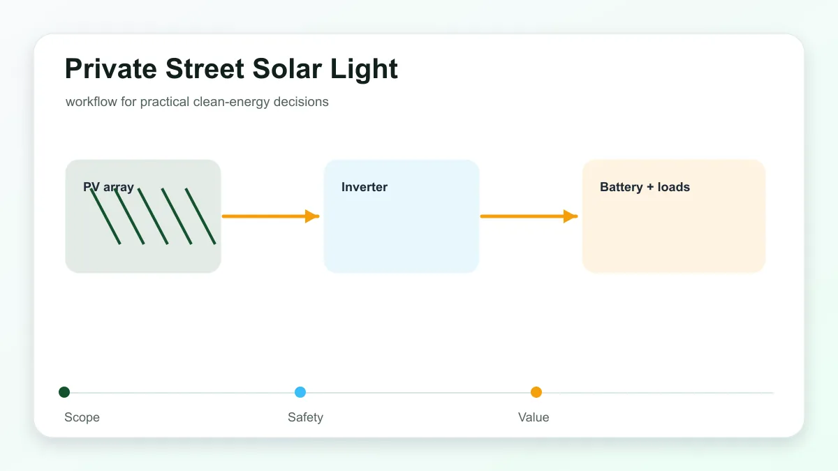 Private street solar lighting without electricity showing split panel placement, pole, battery box, and maintenance access