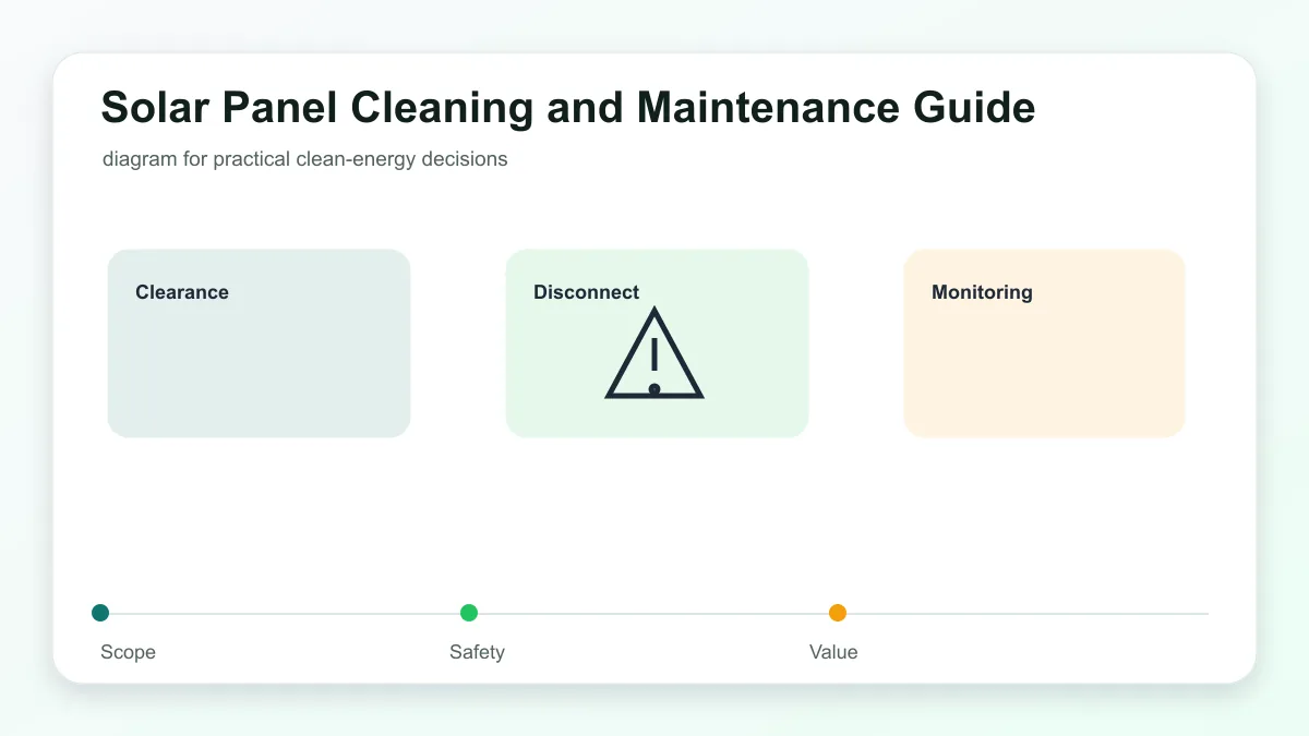 Solar Panel Cleaning and Maintenance Guide technical illustration showing solar panels, inverter, home loads, and planning checks