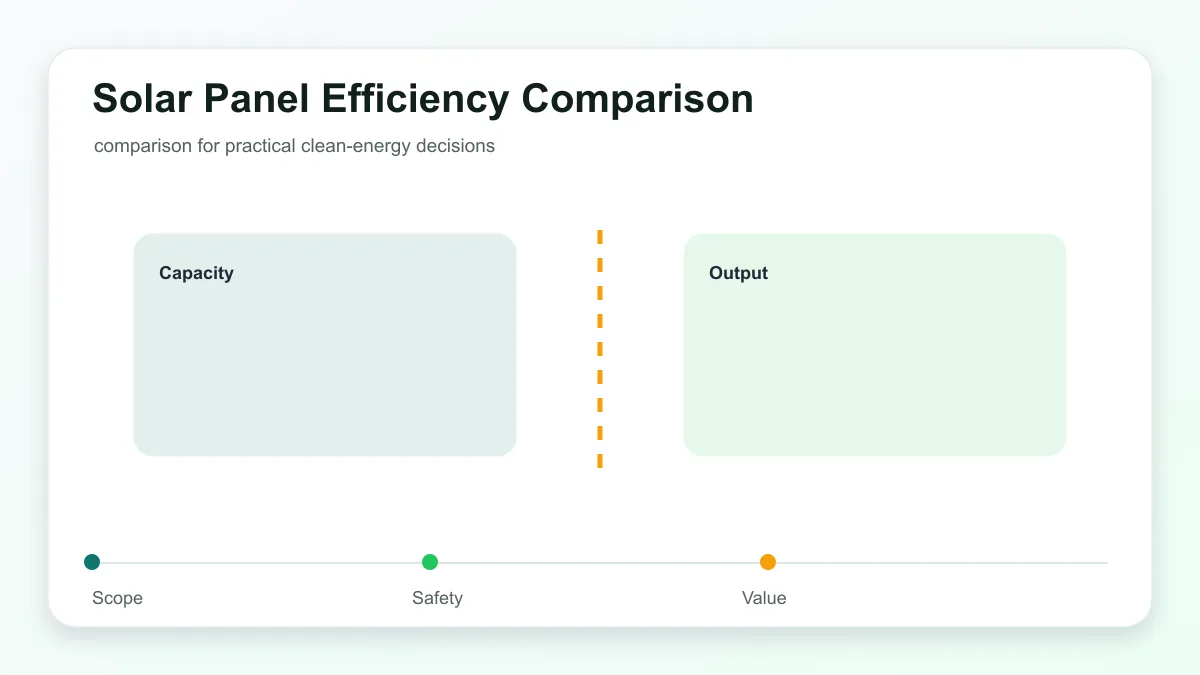 Solar Panel Efficiency Comparison technical illustration showing solar panels, inverter, home loads, and planning checks