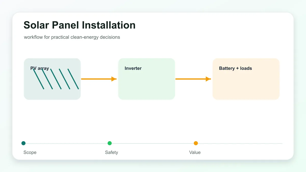Solar Panel Installation technical illustration showing solar panels, inverter, home loads, and planning checks