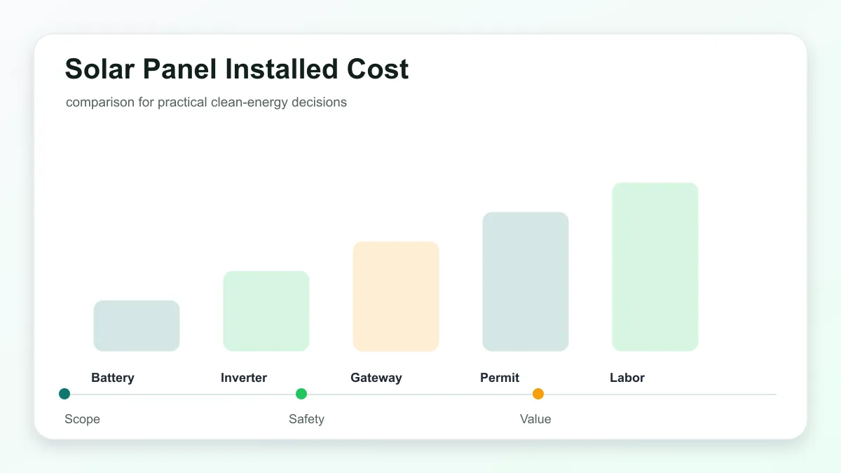 Solar Panel Installed Cost technical illustration showing solar panels, inverter, home loads, and planning checks