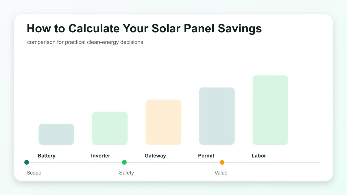 How to Calculate Your Solar Panel Savings technical illustration showing solar panels, inverter, home loads, and planning checks