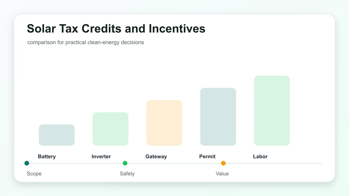 Solar Tax Credits and Incentives technical illustration showing solar panels, inverter, home loads, and planning checks
