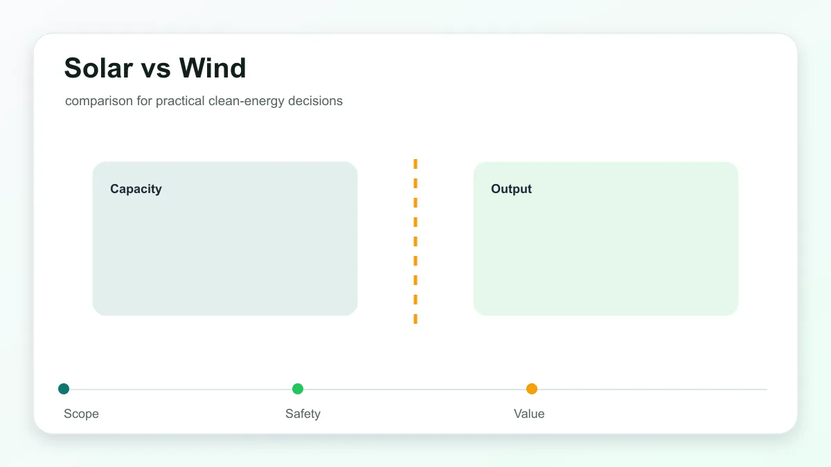 Solar vs Wind technical illustration showing solar panels, inverter, home loads, and planning checks