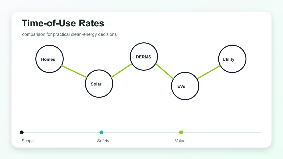Time-of-Use Rates technical illustration showing smart grid devices, distributed energy resources, and utility controls