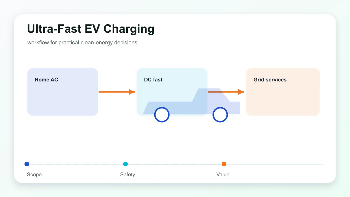Ultra-Fast EV Charging technical illustration showing electric vehicle charging, connector, grid, and home energy links