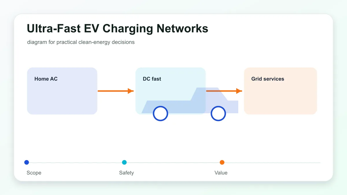 Ultra-Fast EV Charging Networks technical illustration showing electric vehicle charging, connector, grid, and home energy links