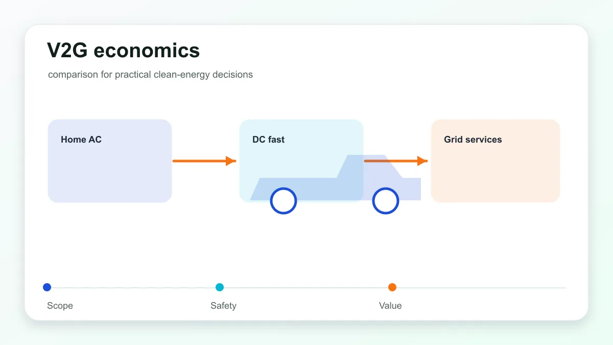 V2G economics technical illustration showing electric vehicle charging, connector, grid, and home energy links