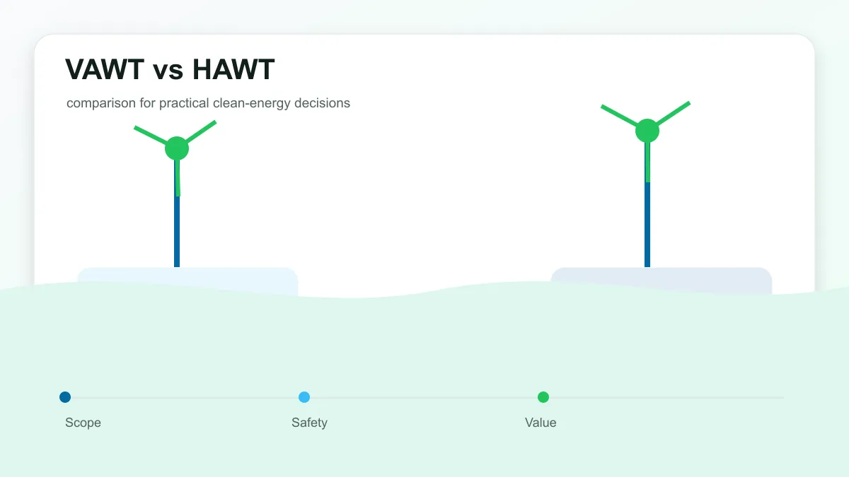 VAWT vs HAWT technical illustration showing wind turbine output, site conditions, maintenance, and grid connection