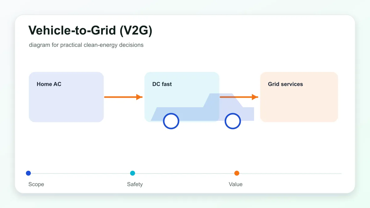 Vehicle-to-Grid (V2G) technical illustration showing electric vehicle charging, connector, grid, and home energy links