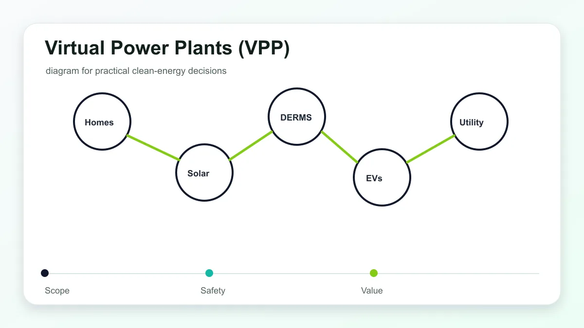 Virtual Power Plants (VPP) technical illustration showing smart grid devices, distributed energy resources, and utility controls