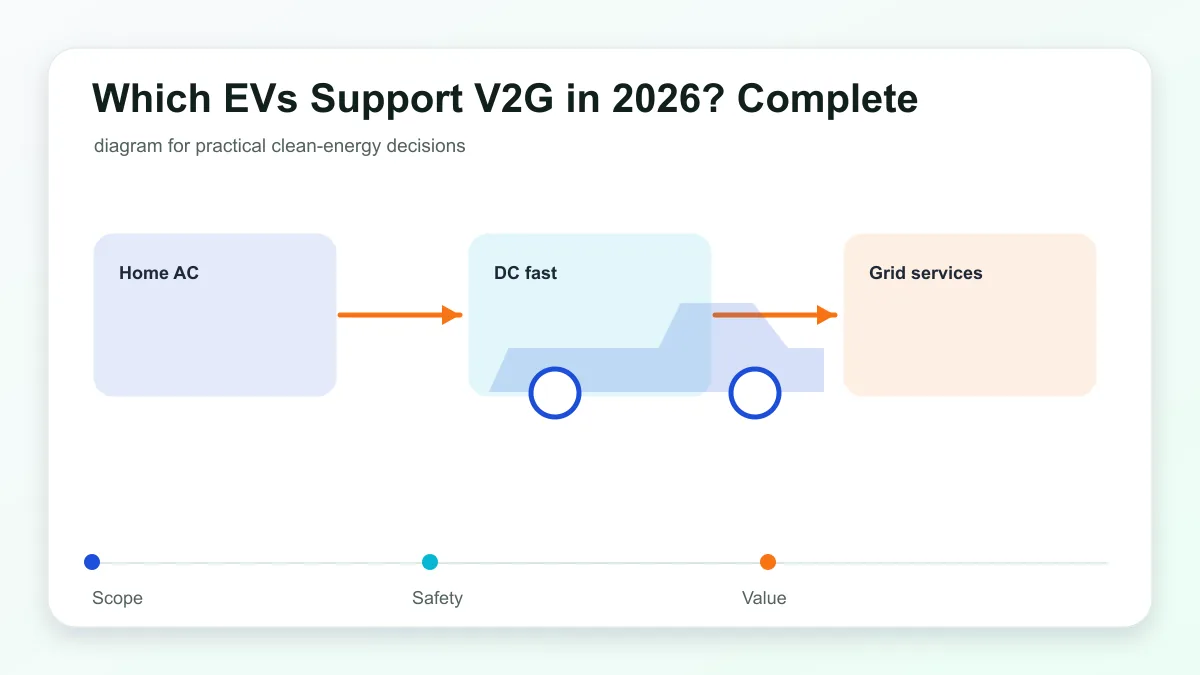 Which EVs Support V2G in 2026? Complete technical illustration showing electric vehicle charging, connector, grid, and home energy links