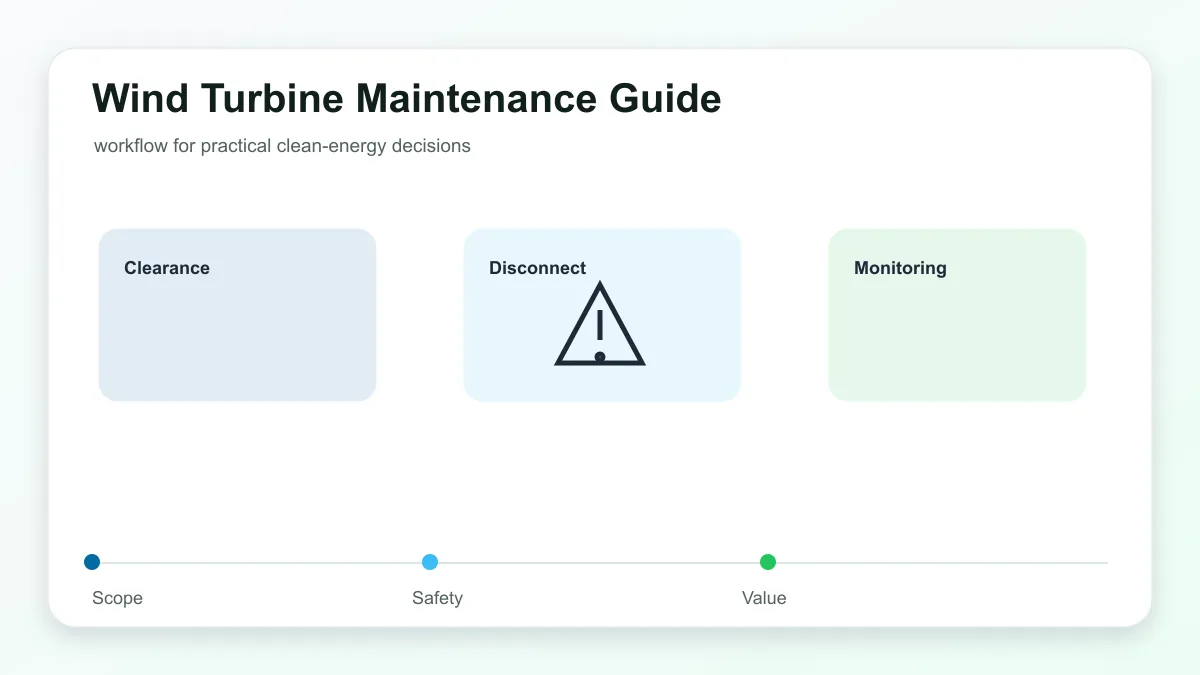 Wind Turbine Maintenance Guide technical illustration showing wind turbine output, site conditions, maintenance, and grid connection