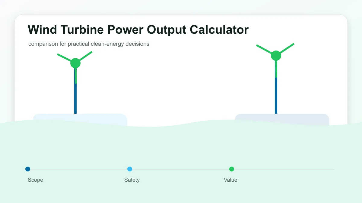 Wind Turbine Power Output Calculator technical illustration showing wind turbine output, site conditions, maintenance, and grid connection